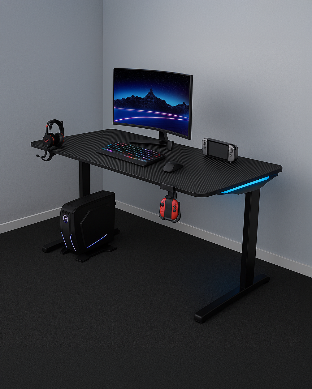 Core 140 Gaming Desk | LEDs, Headphone & Drink Mounts (Carbon Fibre Black, 140cm) Gaming Desk - Jacob Bek Gaming