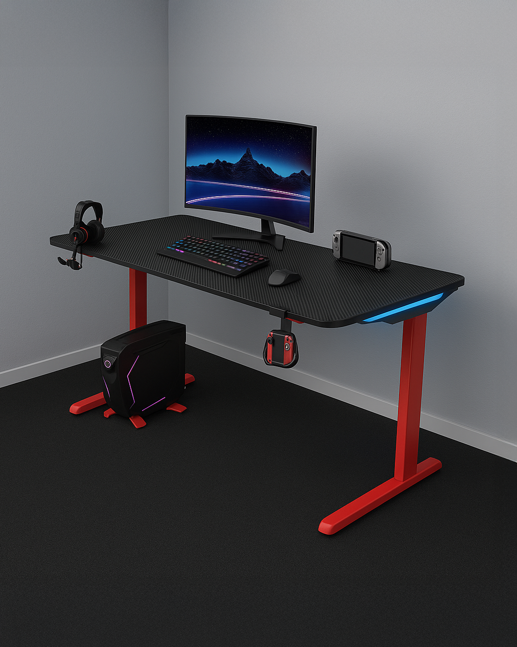 Gaming Desk | LEDs, Headphone & Drink Mounts (Carbon Fibre Red, 120cm) Gaming Desk - Jacob Bek Gaming