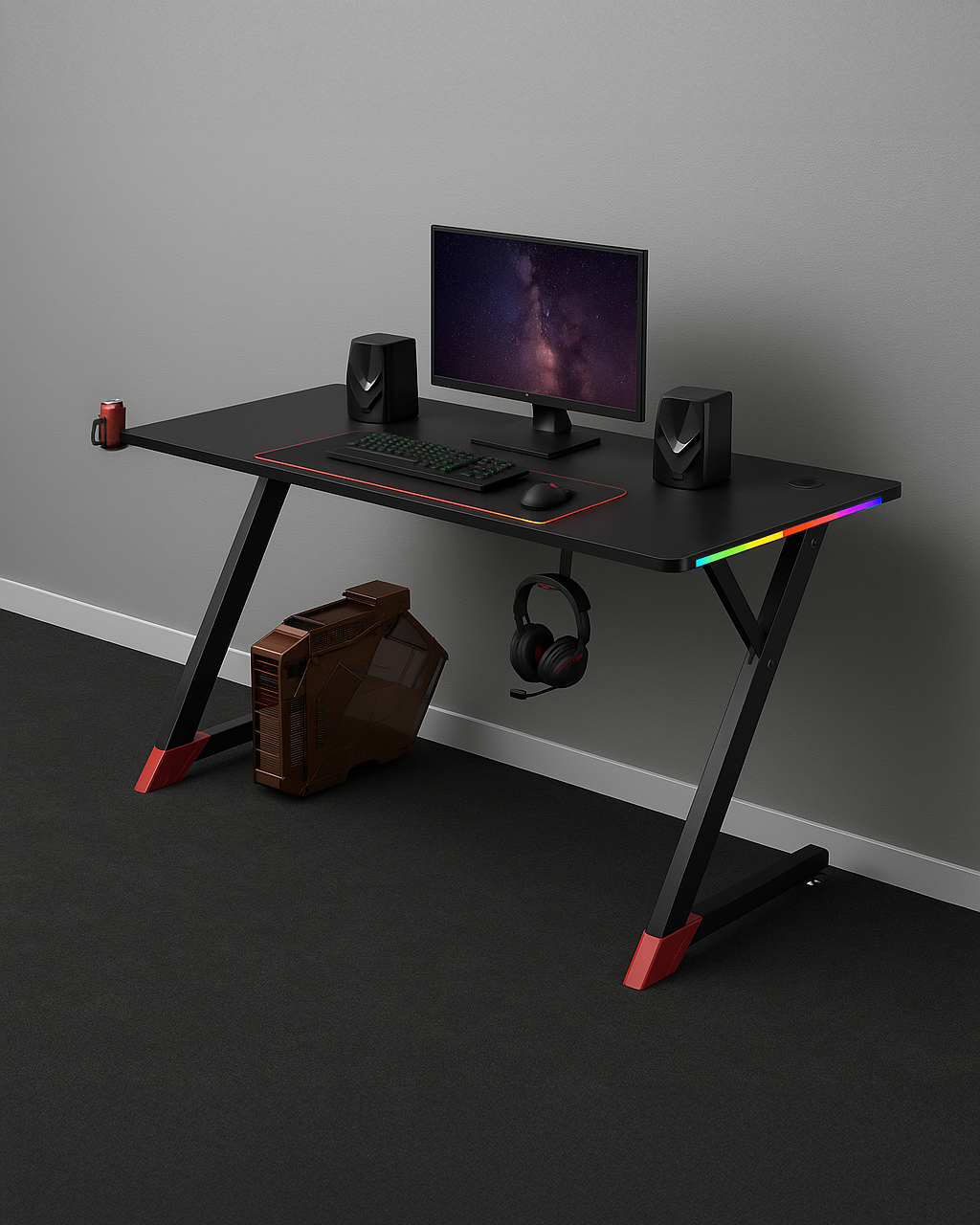 Essentials 140 Gaming Desk | LEDs, Headphone & Drink Mounts (Carbon Fibre Black, 120cm) Gaming Desk - Jacob Bek Gaming